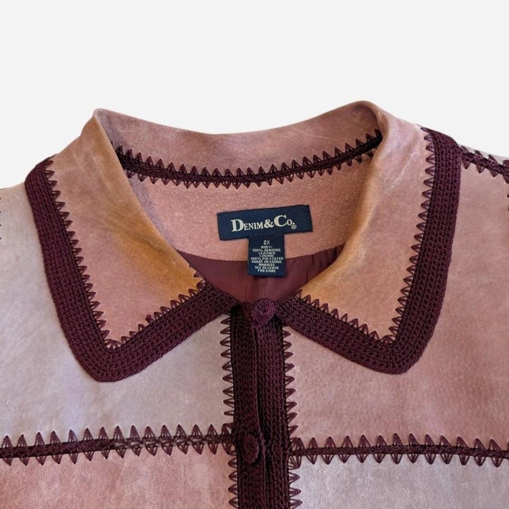 Denim & Co Genuine Leather Patchwork Crochet Jacket Mauve Pink 2X - Picture 7 of 8